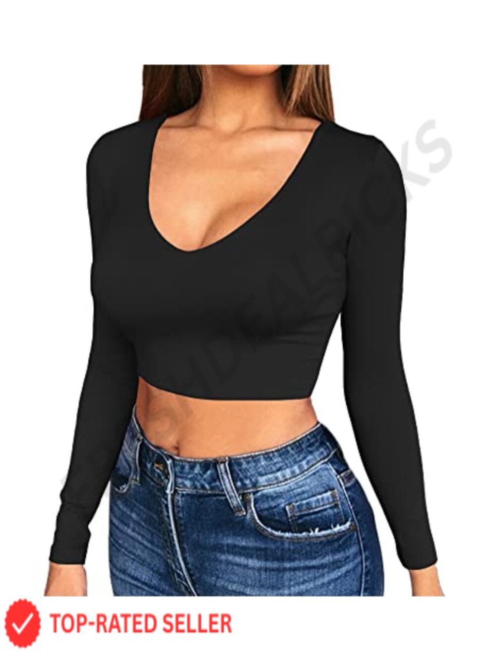 Women's Long Sleeve Scoop V Neck Crop Top Fitted Soft Jersey